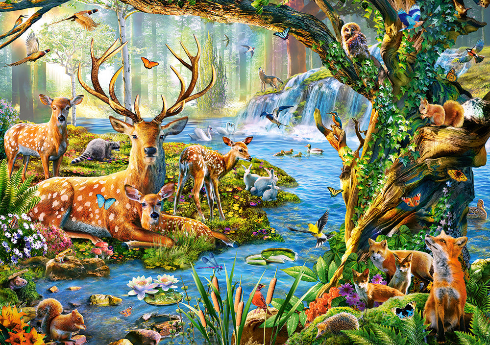 500 Piece Jigsaw Puzzle, Forest Life, Charming view of deer and animals in the forest, Adult Puzzle, Castorland B-52929