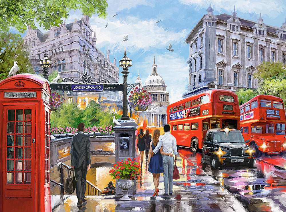 2000 Piece Jigsaw Puzzle, Spring in London, City center, Red Bus, UK, Great Britain, Puzzle of England, Adult Puzzles, Castorland C-200788-2