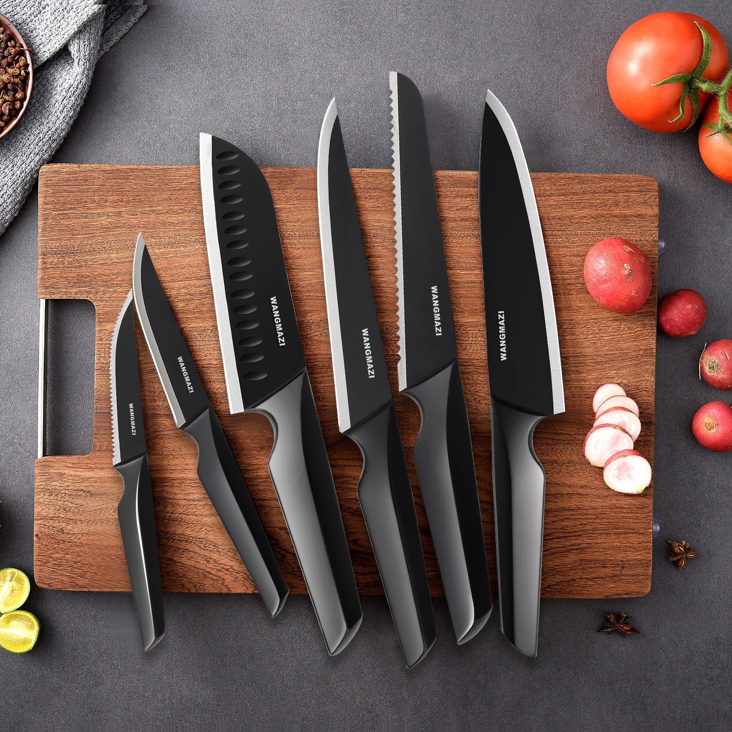 WANGMAZI 15-Piece Modern Kitchen Knife Set with Built-in Sharpener