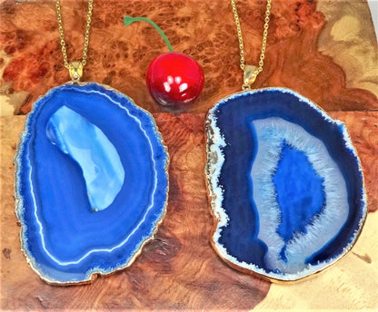 Blue Agate Slice Pendant Large (Gold Plated Edges)(3-4 Inches Long) Geode Necklace Charm Jewelry Supply