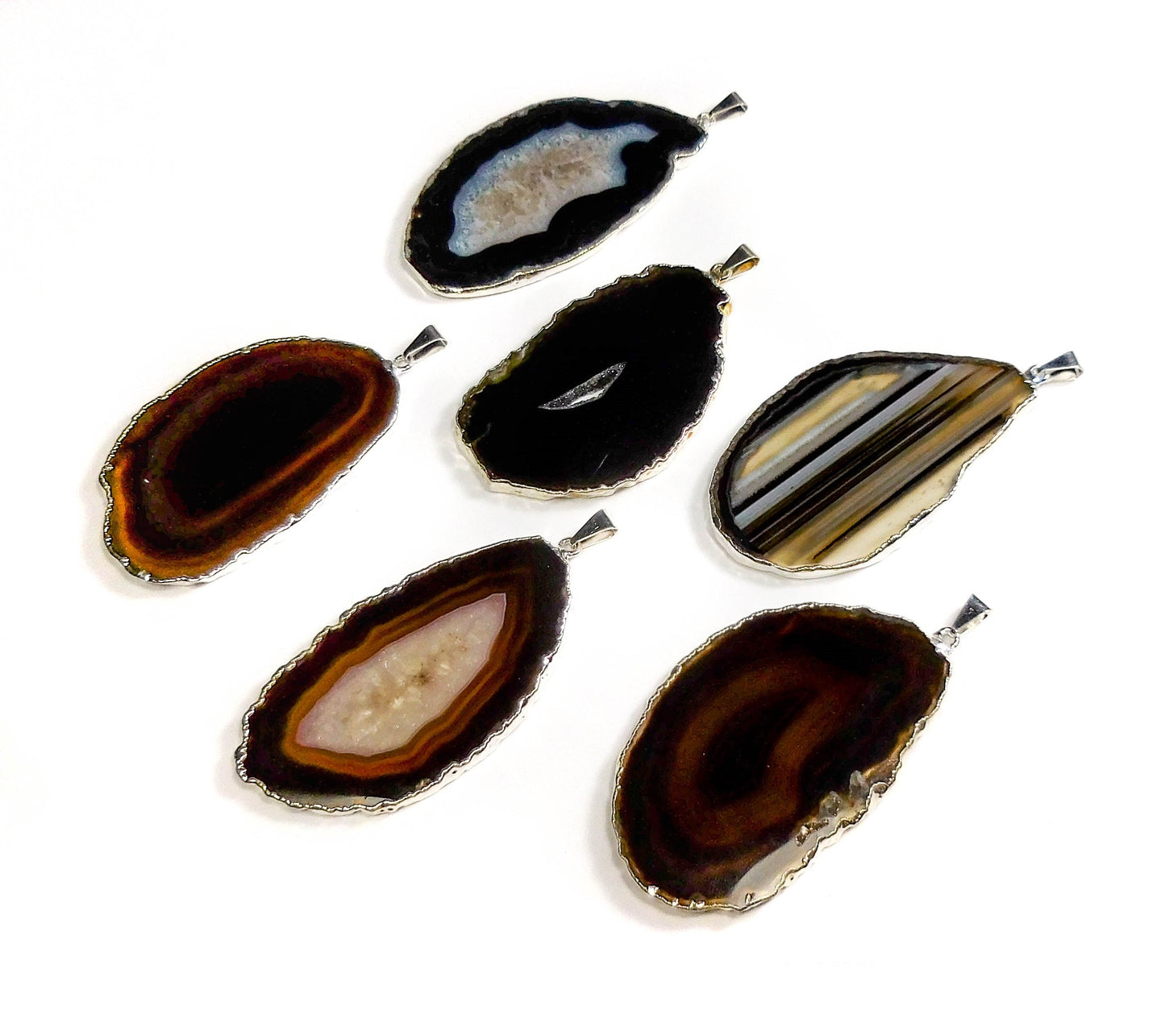 Agate Slice Necklace Pendant (Black)(Silver Edges) Natural Geode Slice Jewelry