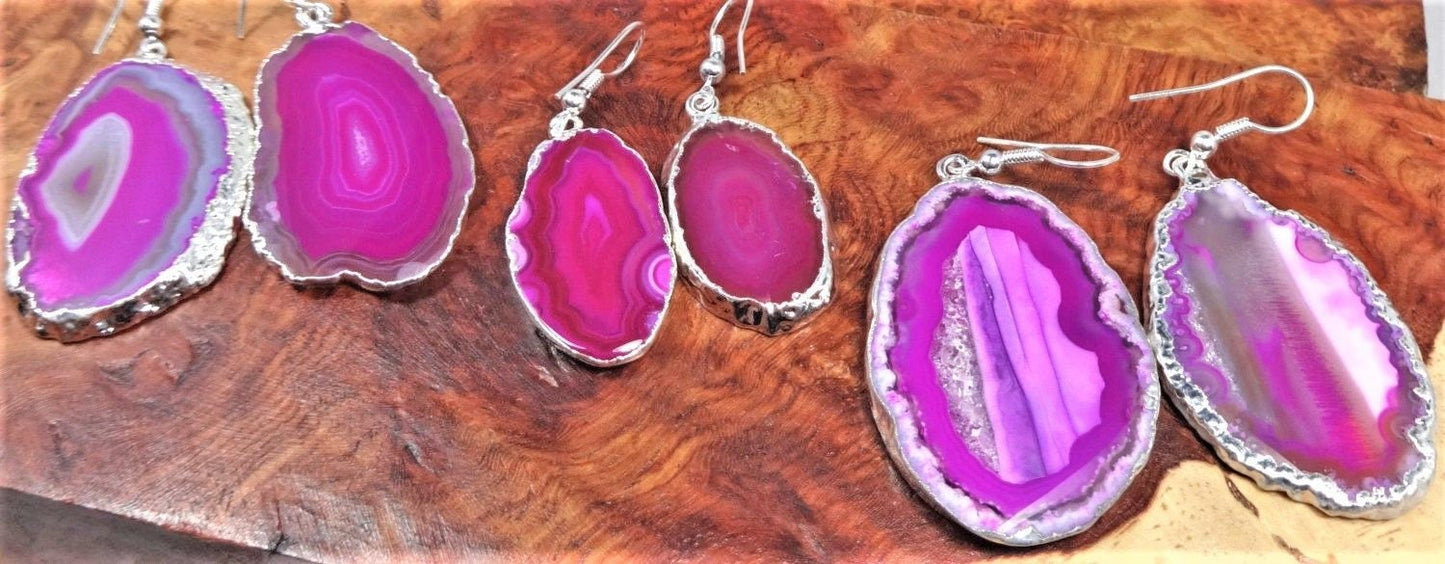 Pink Agate Slice Crystal Earrings Pair (Silver Plated) Jewelry