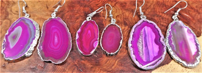 Pink Agate Slice Crystal Earrings Pair (Silver Plated) Jewelry