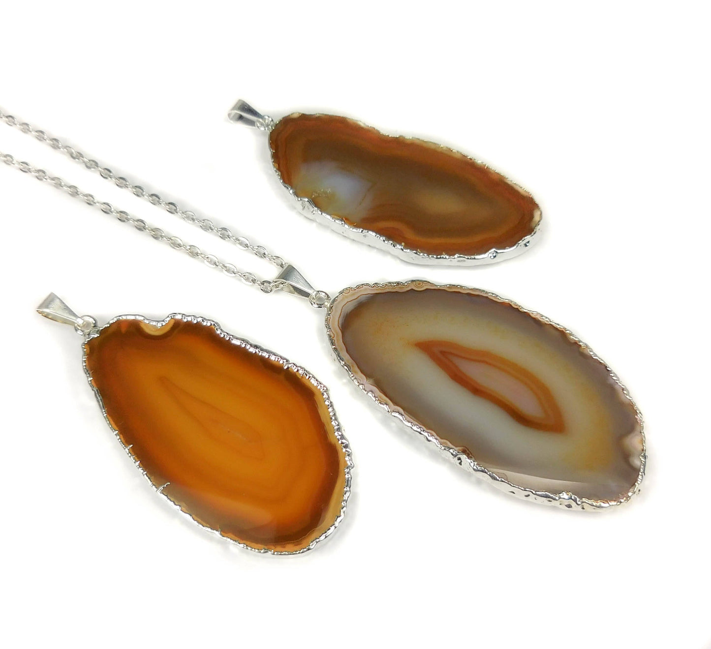 Brown Agate Slice Pendant (Silver Plated Edges) Polished Geode Jewelry