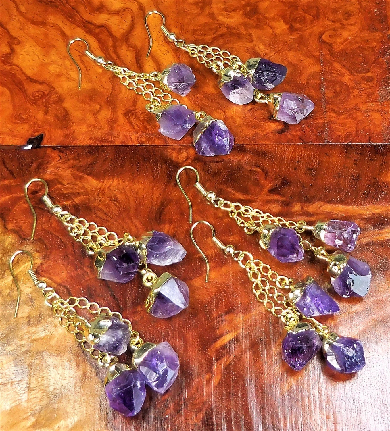 Amethyst Crystal Earrings Pair (Gold Plated) Purple Gemstone Jewelry