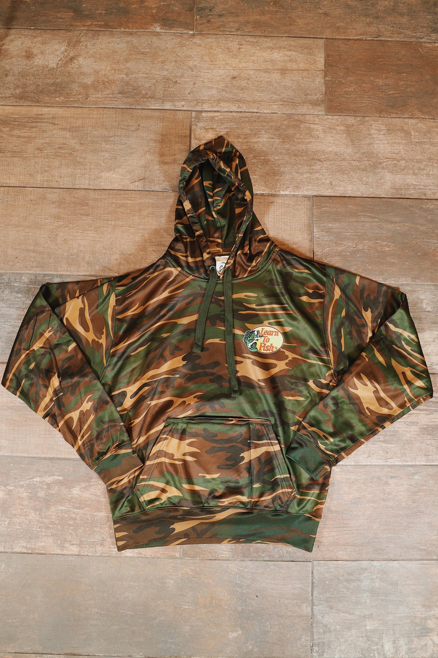 Learn To Fish: Polyester Hoodie (camo)