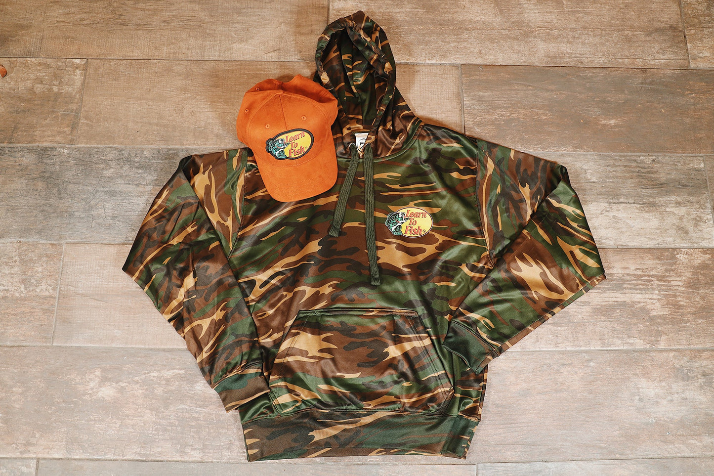 Learn To Fish: Polyester Hoodie (camo)