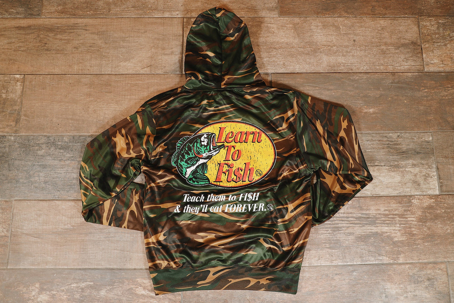 Learn To Fish: Polyester Hoodie (camo)