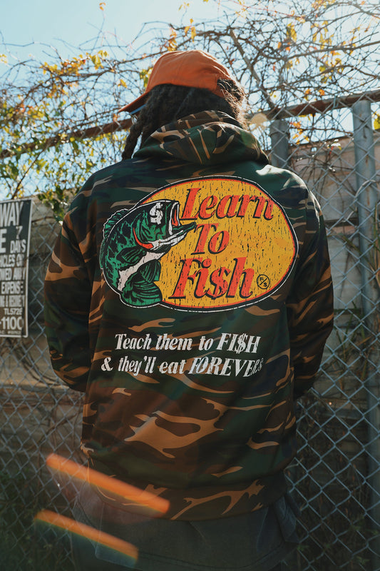 Learn To Fish: Polyester Hoodie (camo)