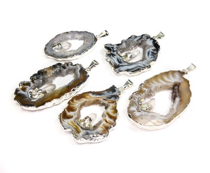 Oco Geode Druzy Pendant with Quartz Crystal (5 pcs)(Silver Edges) Wholesale Jewelry Lot Naural Healing Crystals And Stones