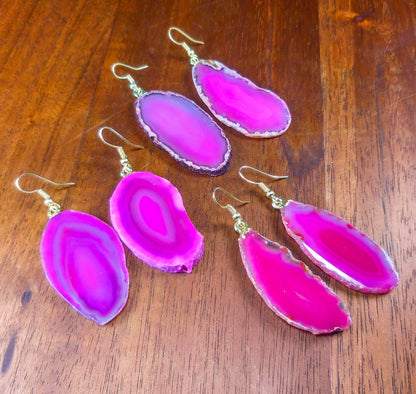 Pink Agate Slice Earrings Pair (Gold Stainless Steel Hooks) Geode Slice Jewelry