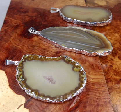 Brown Agate Slice Pendant (Silver Plated Edges) Polished Geode Jewelry