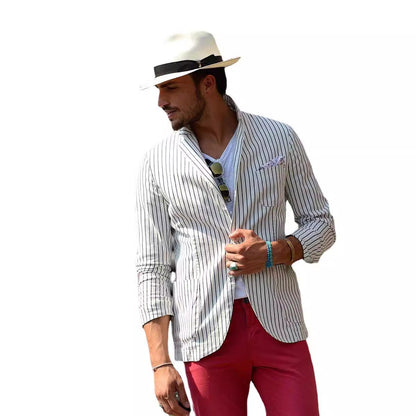 Men's Cotton And Linen Loose Striped Thin Casual Suit Jacket