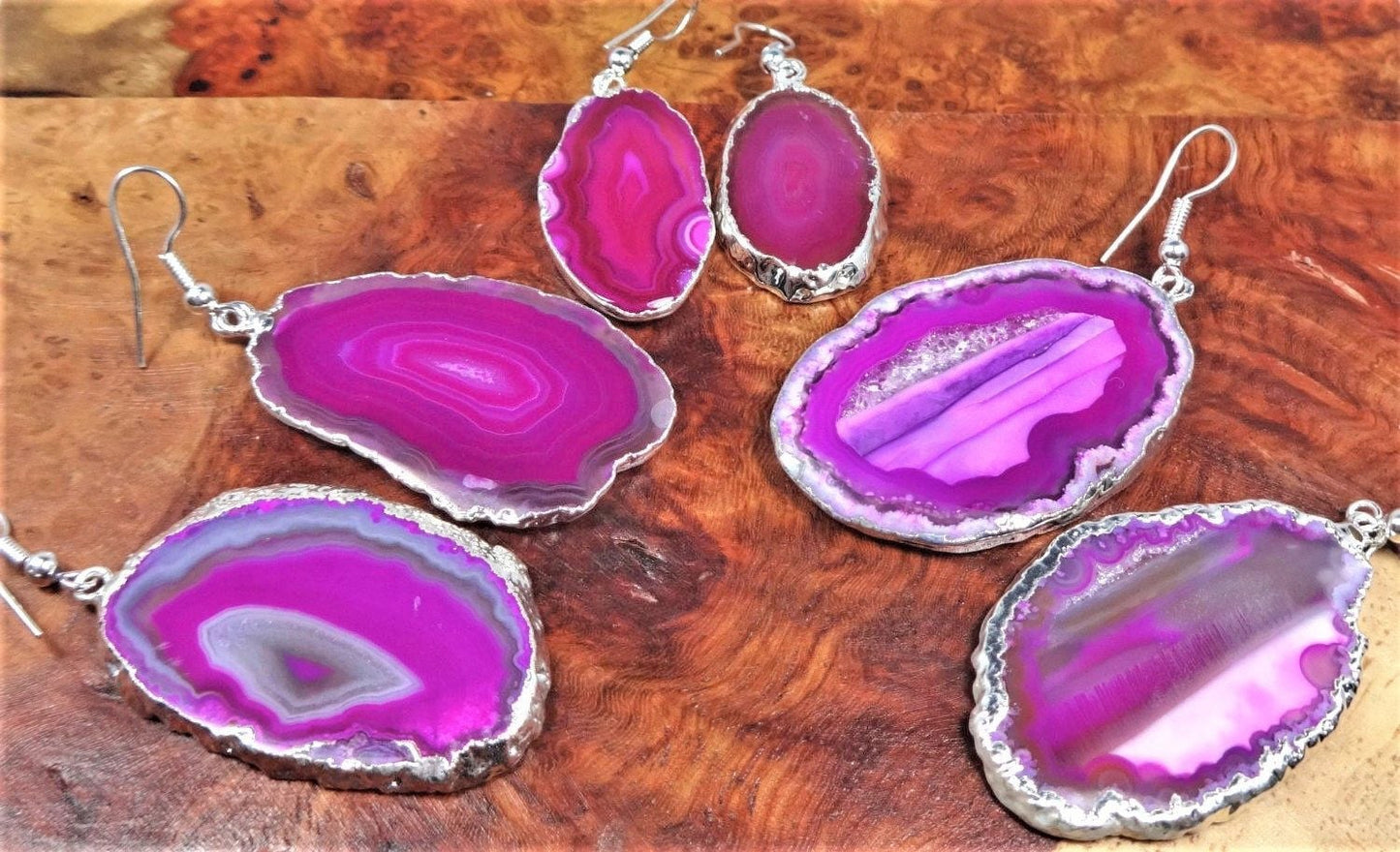 Pink Agate Slice Crystal Earrings Pair (Silver Plated) Jewelry