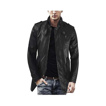 Men's Leather Belted Coat with Stand-Up Collar