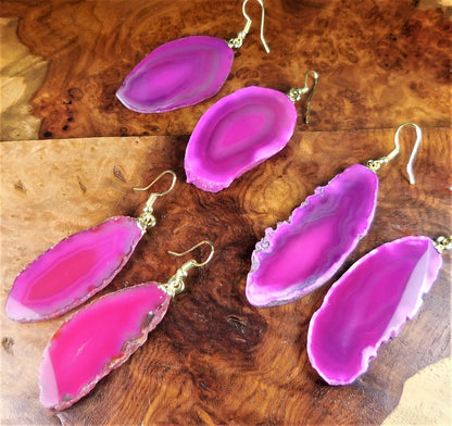 Pink Agate Slice Earrings Pair (Gold Stainless Steel Hooks) Geode Slice Jewelry