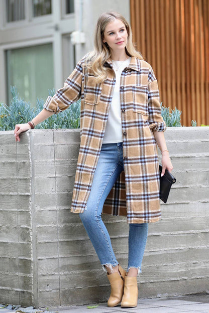 Wool Blended PLAID JACQUARD LONG SHIRT JACKET Shacket