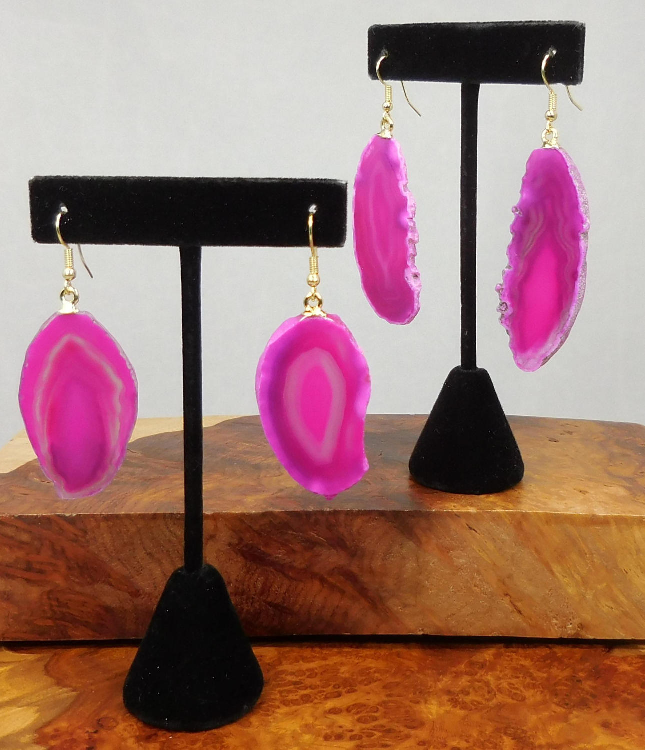 Pink Agate Slice Earrings Pair (Gold Stainless Steel Hooks) Geode Slice Jewelry