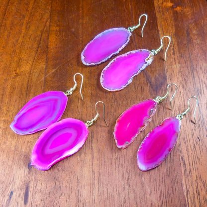 Pink Agate Slice Earrings Pair (Gold Stainless Steel Hooks) Geode Slice Jewelry