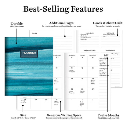 **FINAL SALE** July 2024 - June 2025 Blue Watercolor Medium Monthly Planner