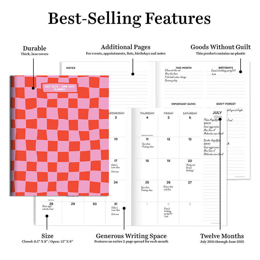 **FINAL SALE** July 2024 - June 2025 Check Pink and Red Medium Monthly Planner