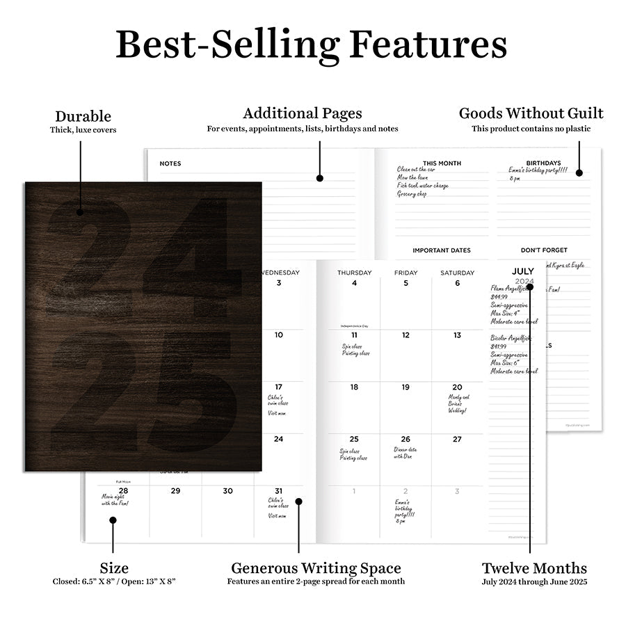 **FINAL SALE** July 2024 - June 2025 Walnut Wood Medium Monthly Planner