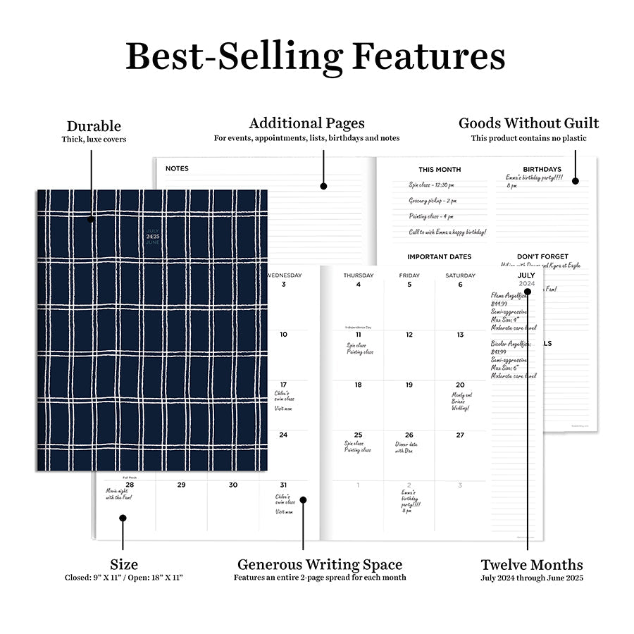 **FINAL SALE** July 2024 - June 2025 Navy Grid Large Monthly Planner