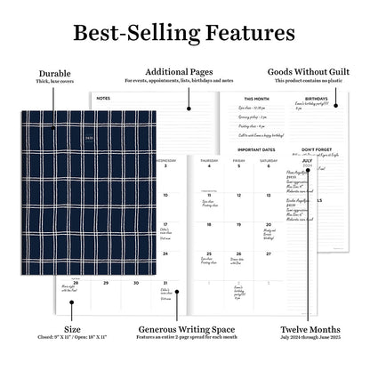 **FINAL SALE** July 2024 - June 2025 Navy Grid Large Monthly Planner