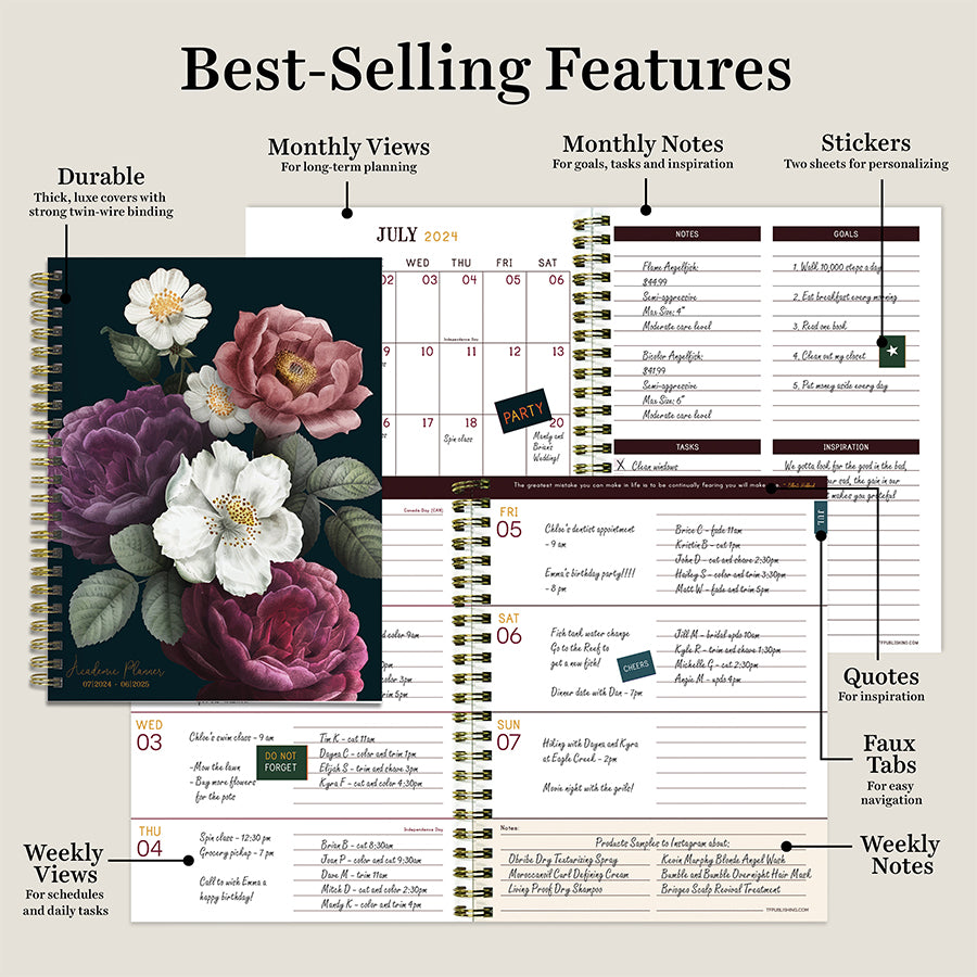 **FINAL SALE** July 2024 - June 2025 Peony and Petals Medium Weekly Monthly Planner