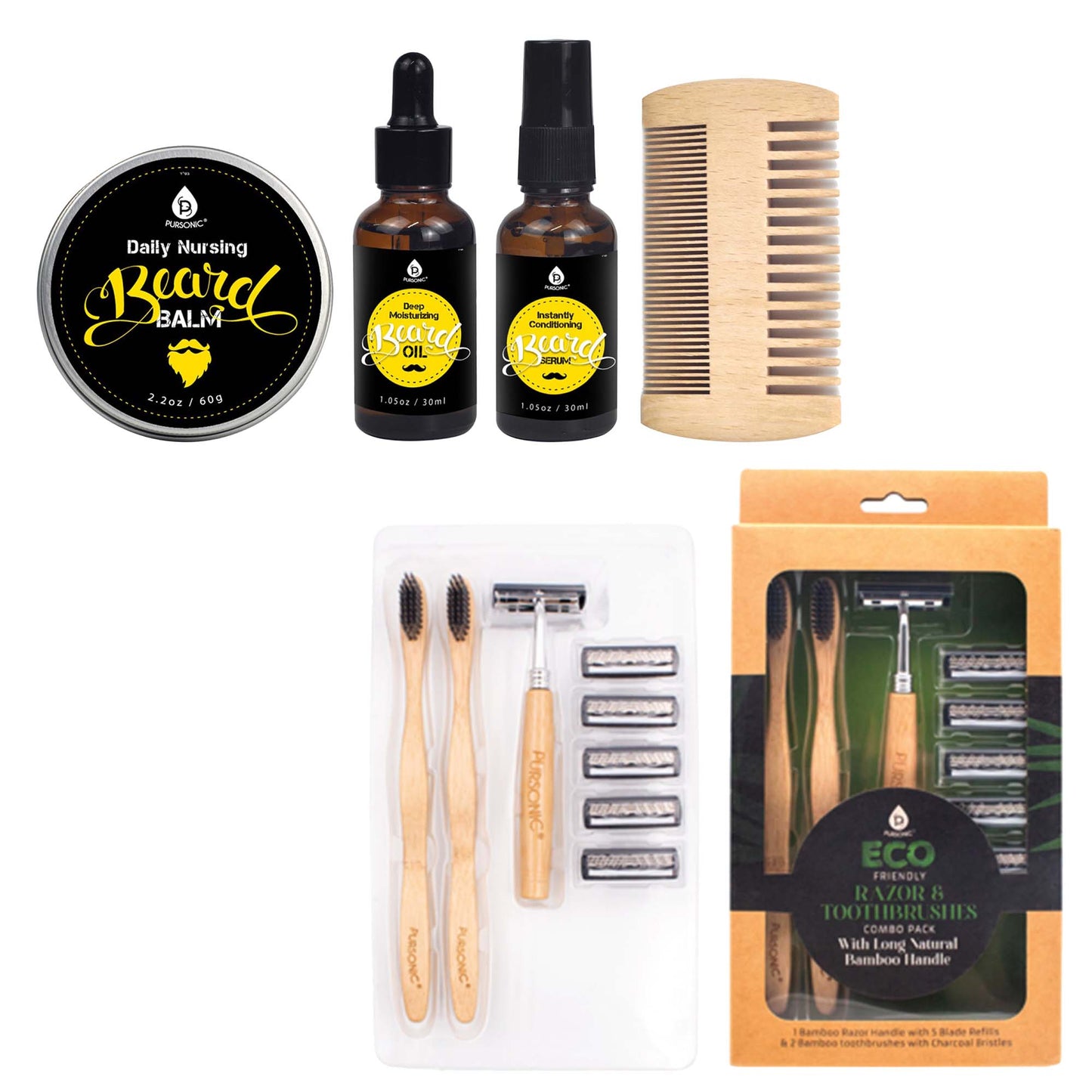 Pursonic Beard Care Grooming Kit & Eco Friendly Razor + Toothbrushes Combo Pack