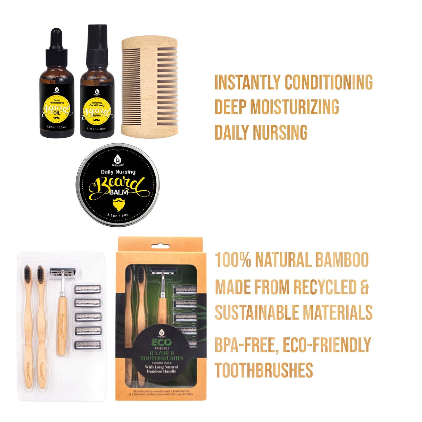 Pursonic Beard Care Grooming Kit & Eco Friendly Razor + Toothbrushes Combo Pack