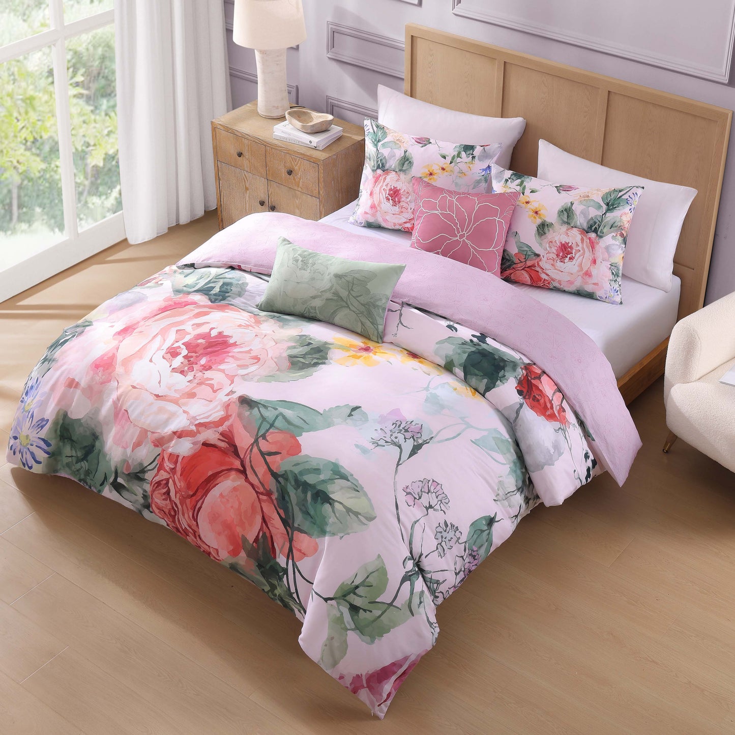 Bebejan Cool Pink Roses 5 Piece Reversible Comforter Set