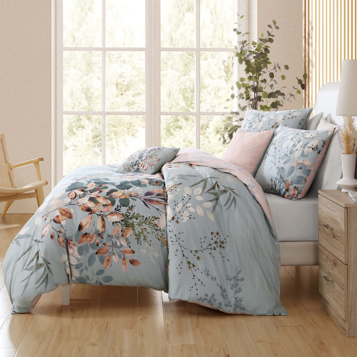 Bebejan Peach Leaves on Sage 100% Cotton 5-Piece Reversible Comforter Set