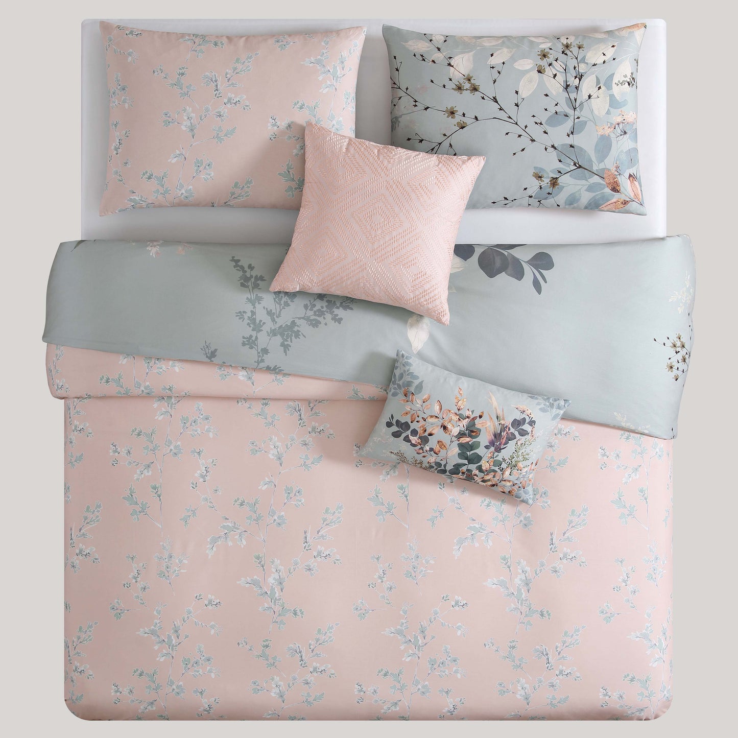 Bebejan Peach Leaves on Sage 100% Cotton 5-Piece Reversible Comforter Set