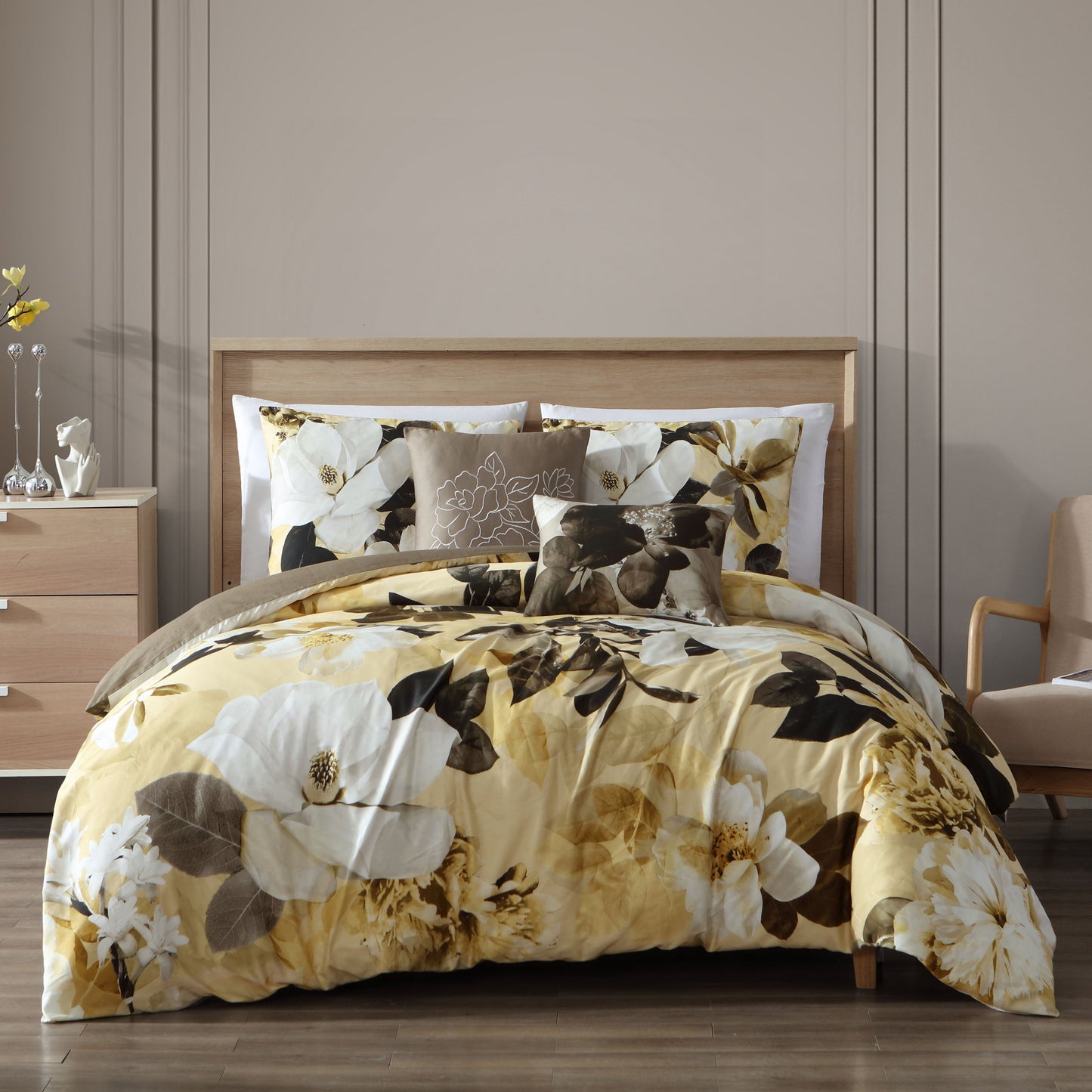 Bebejan Yellow Magnolia 100% Cotton 5 Piece Reversible Comforter Set