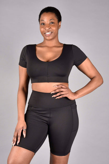 Audrey Reversible Recycled Core Compression Short Sleeve Longline Bra in Matte Black