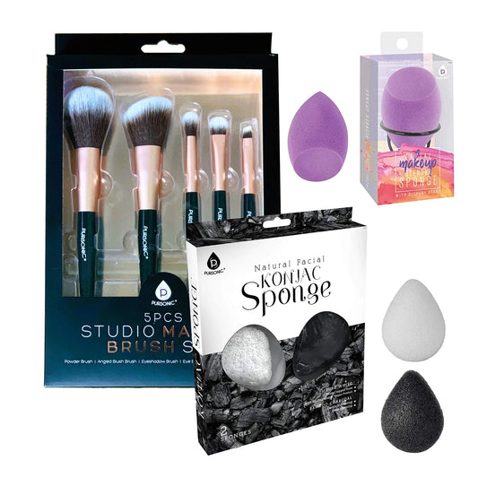 Beauty Essentials Bundle: Facial Makeup Blender Sponge + Natural Facial Konjac Sponge Duo Set(3 pack) + 5 Pcs Studio Makeup Brush Set (Black)