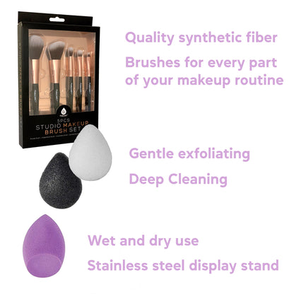 Beauty Essentials Bundle: Facial Makeup Blender Sponge + Natural Facial Konjac Sponge Duo Set(3 pack) + 5 Pcs Studio Makeup Brush Set (Black)