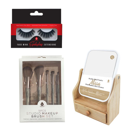 Pursonic Glamour Essentials Bundle: 5pc Studio Makeup Brush Set + False Eyelashes Extensions + Dual-Sided Vanity Mirror