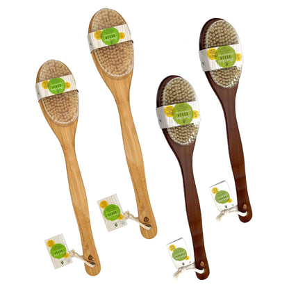 Pursonic Bath Body Brush With Long Bamboo Handle 4-Piece Family Pack (2 Natural Color and 2 Dark Wood)