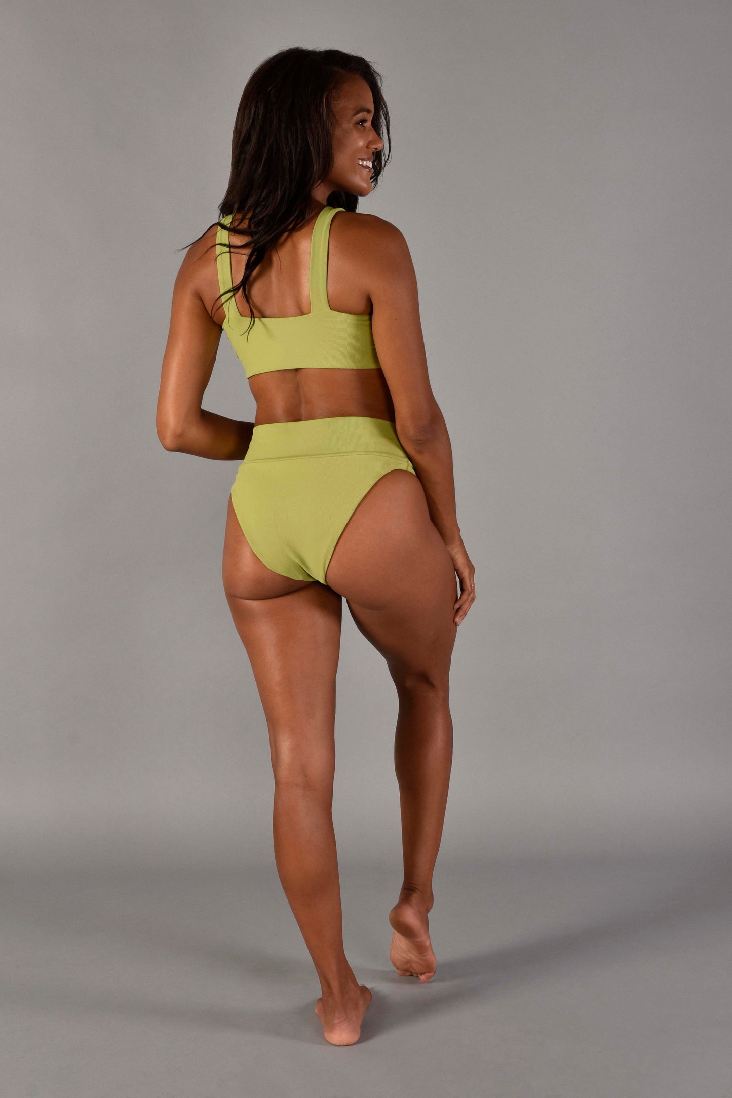 Highline Recycled Rib High Rise Bikini Bottom in Leaf Green