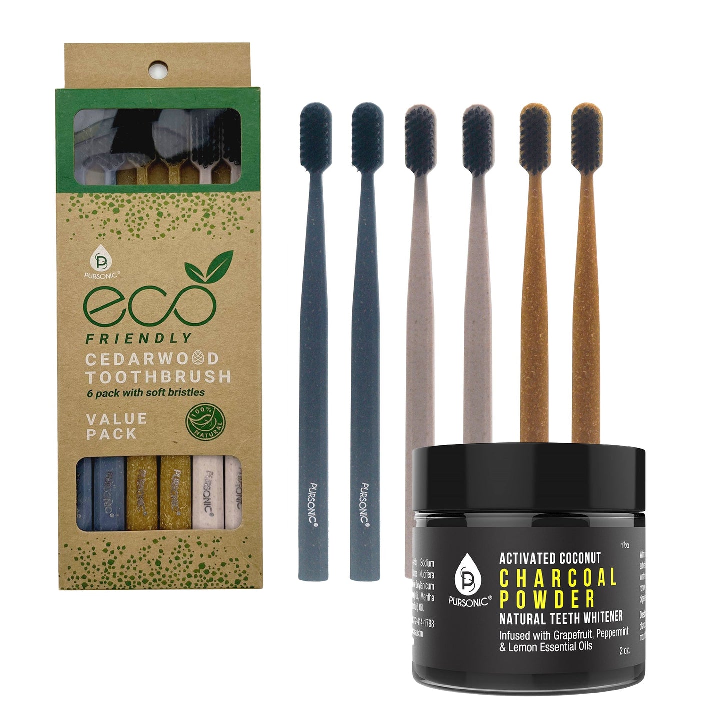 Natural Radiance Combo: Activated Coconut Charcoal Powder Natural Teeth Whitener + 100% Eco-friendly Cedarwood Toothbrushes (6 Pack)