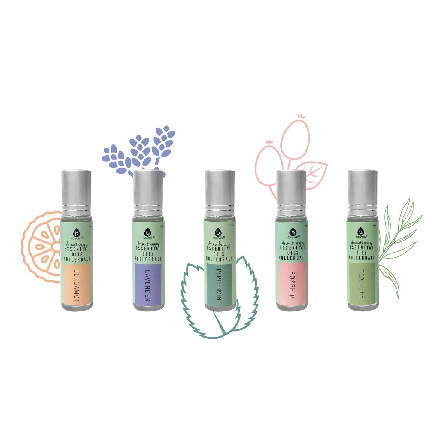 Aromatherapy Essential Oils Rollerballs (Bergamot, Lavender, Peppermint, Rosehip, Tea Tree)