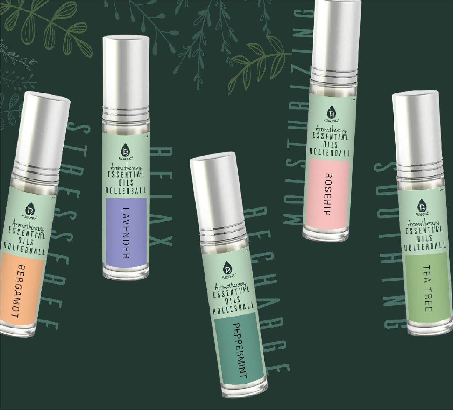 Aromatherapy Essential Oils Rollerballs (Bergamot, Lavender, Peppermint, Rosehip, Tea Tree)