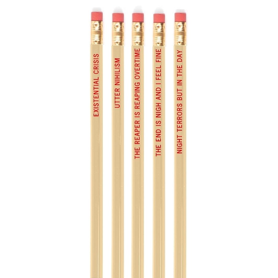 EXISTENTIAL CRISIS Pencil Set | 5 Cedar Pencils | Cream with Blood-Red Foil Stamping by The Bullish Store