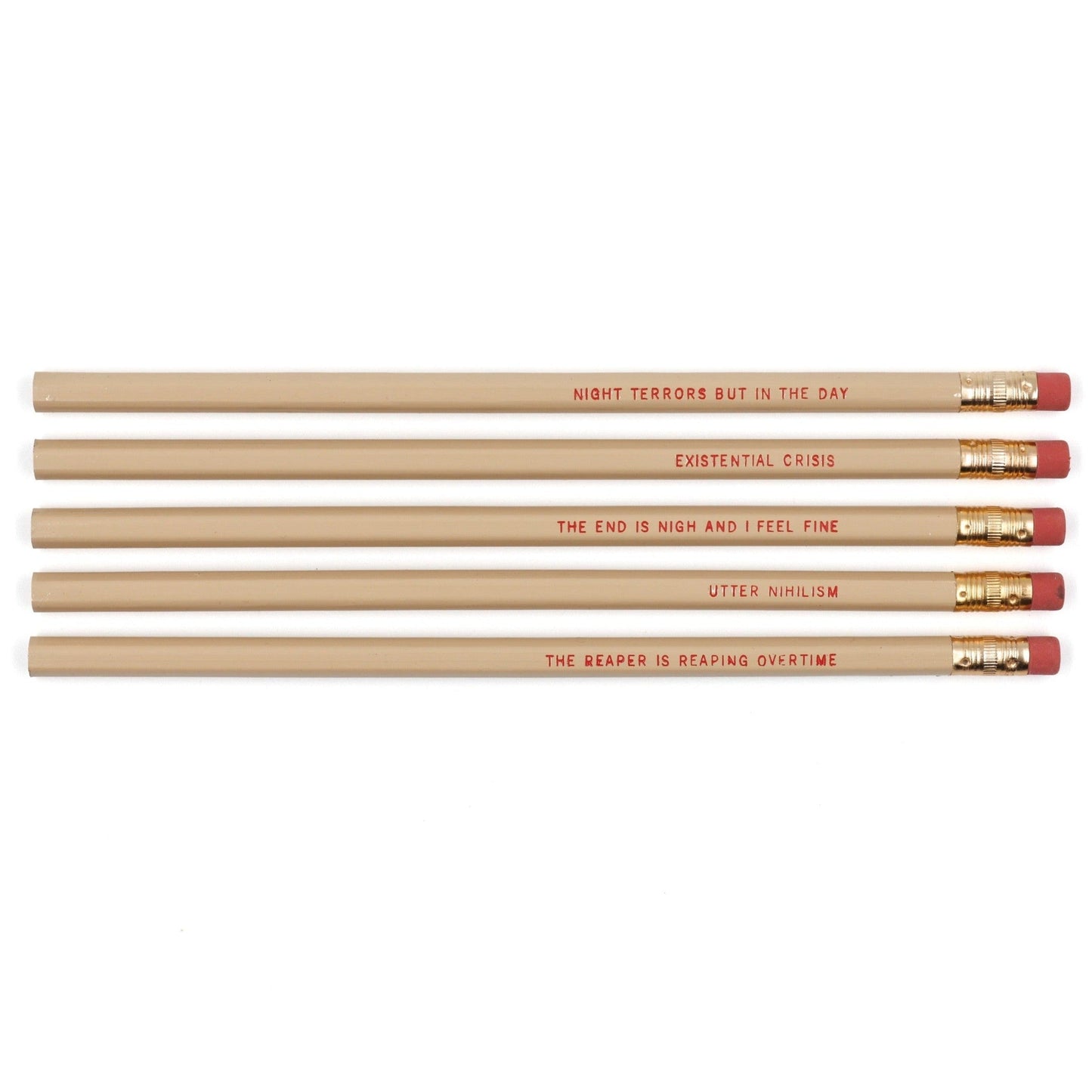 EXISTENTIAL CRISIS Pencil Set | 5 Cedar Pencils | Cream with Blood-Red Foil Stamping by The Bullish Store