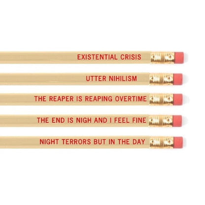 EXISTENTIAL CRISIS Pencil Set | 5 Cedar Pencils | Cream with Blood-Red Foil Stamping by The Bullish Store