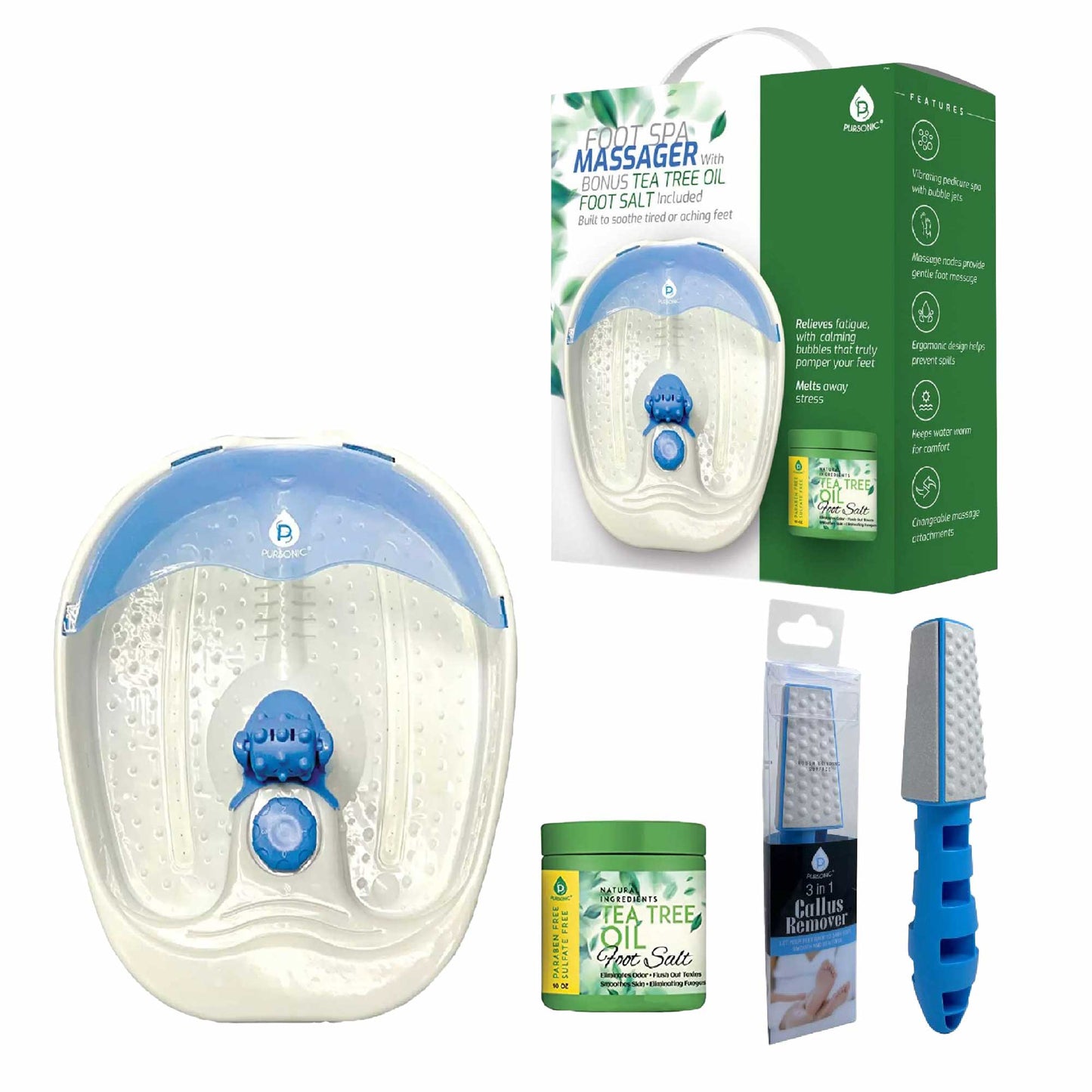 Pursonic Soothing Foot Spa Massager with Tea Tree Salt Scrub & Callus Remover.