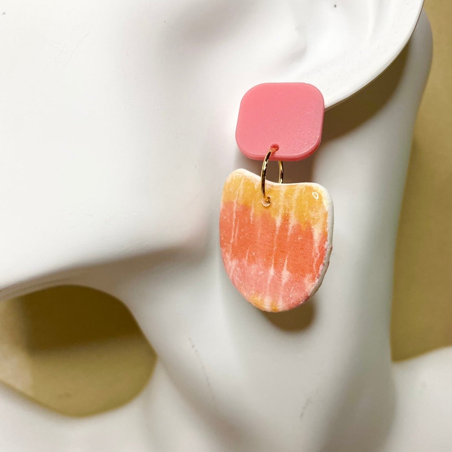 Spring and Summer tie dye design pink / orange / yellow polymer clay dangle earrings