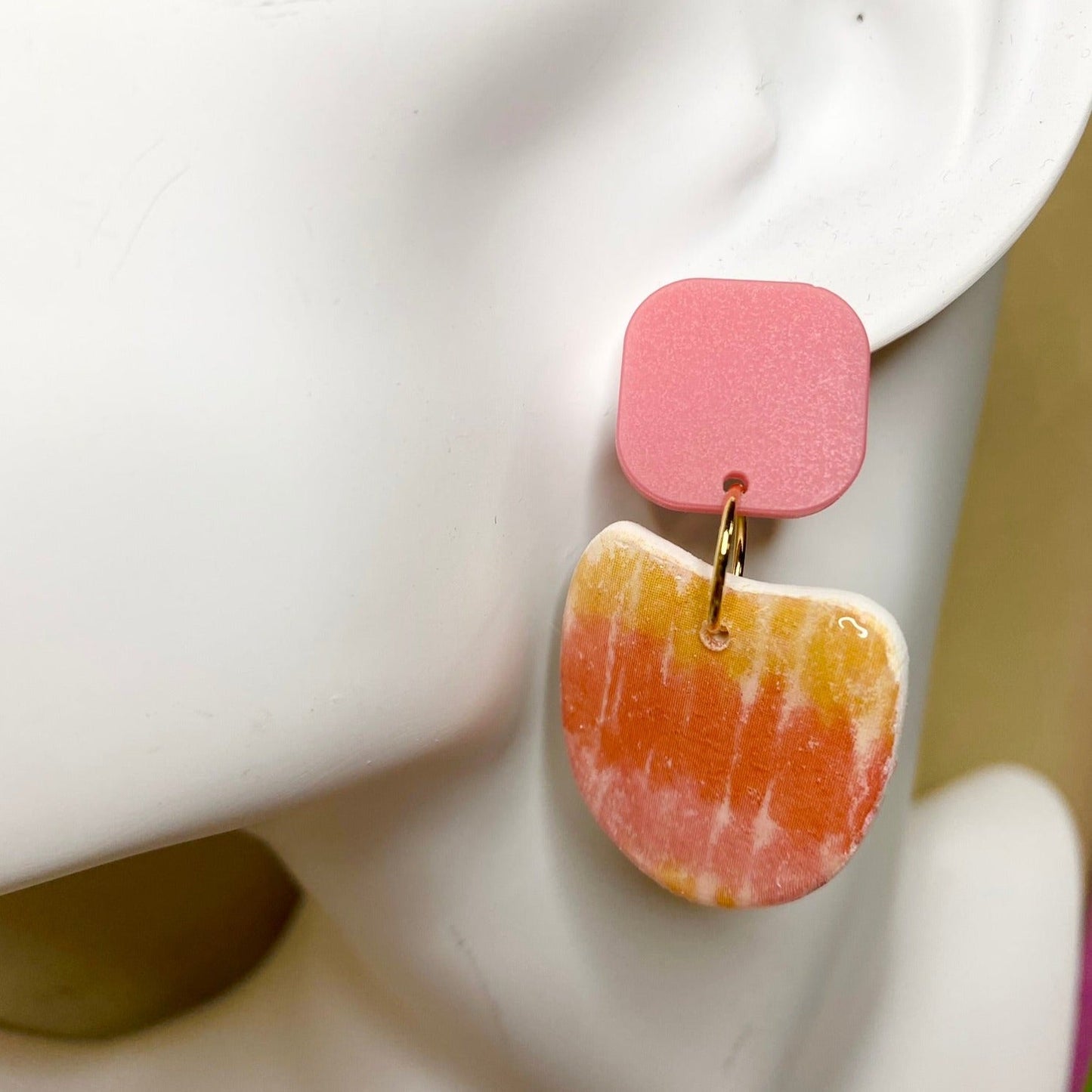 Spring and Summer tie dye design pink / orange / yellow polymer clay dangle earrings